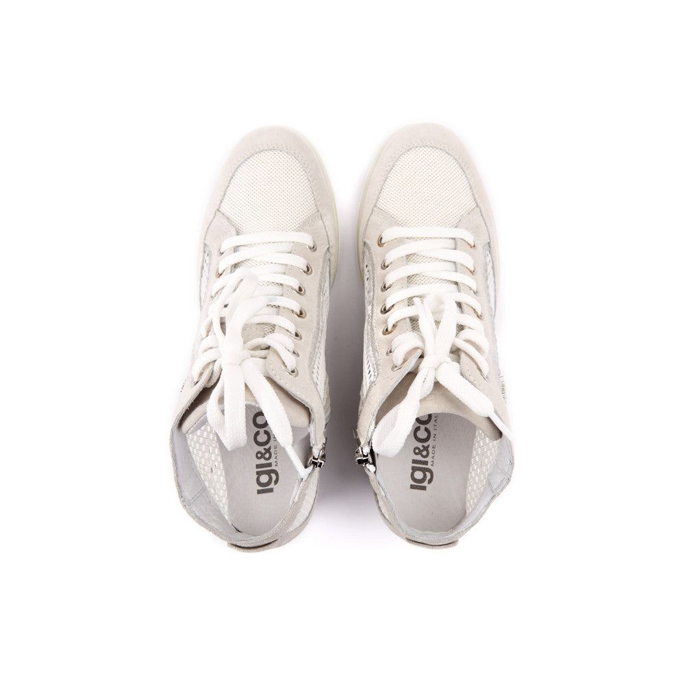 Sneakers Donna Beige con Zeppa in Pelle Scamosciata e Tessuto