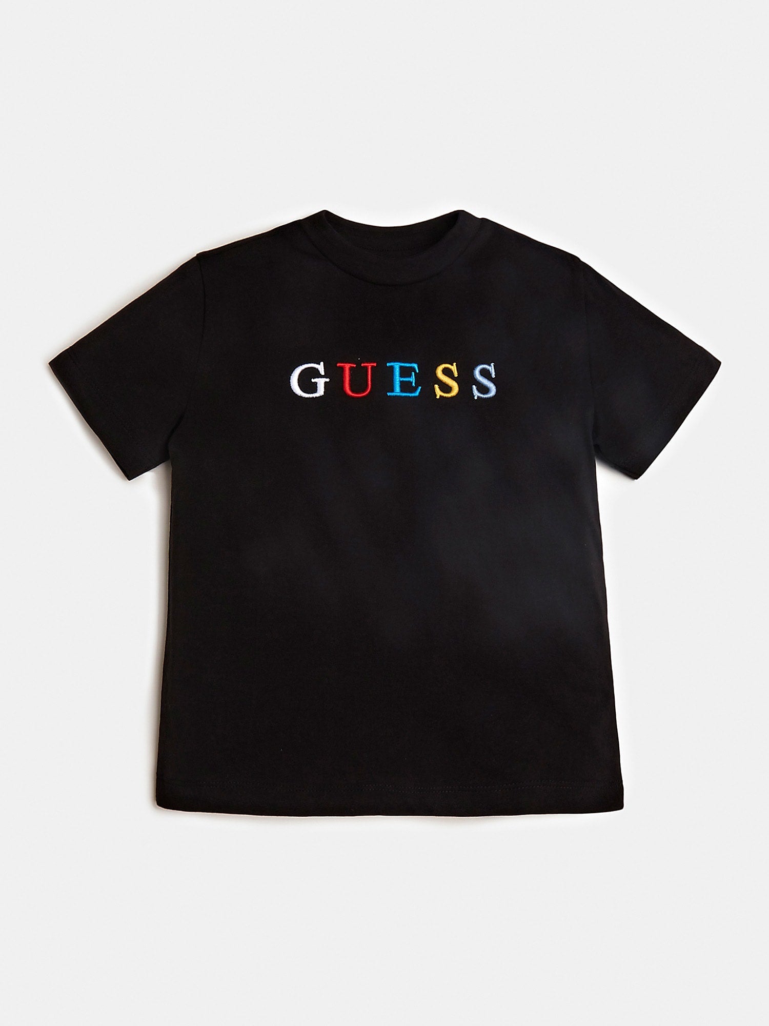 T-shirt Nera Bambino Guess con Logo Multicolore Ricamato