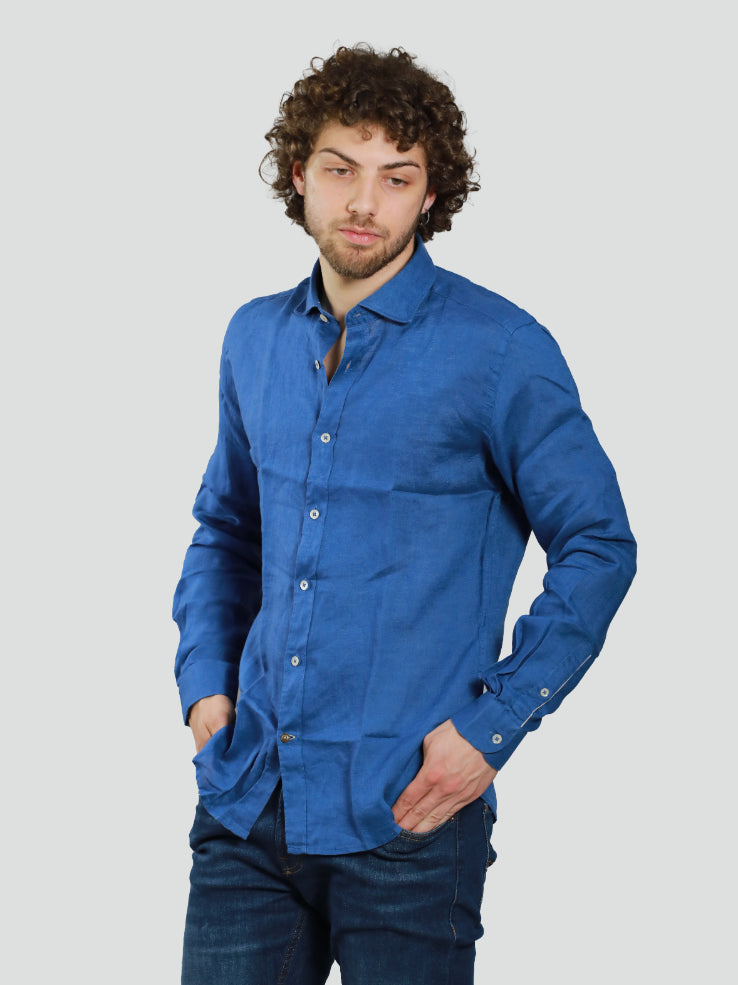 Camicia Alley Docks bluette in puro lino con collo alla francese