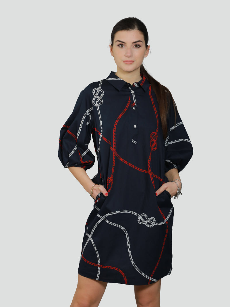 Abito "Calipso" navy in popeline di cotone stampato con fantasia corde