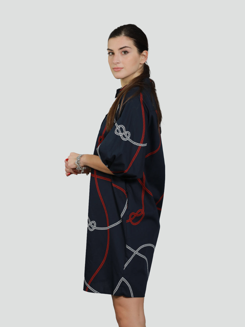 Abito "Calipso" navy in popeline di cotone stampato con fantasia corde