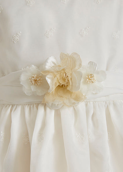 Abito Bambina Abel&Lula Bianco in Pizzo con Cintura e Fiore Beige
