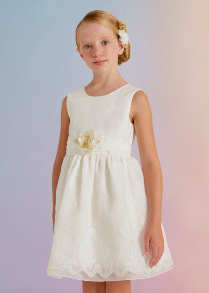 Abito Bambina Abel&Lula Bianco in Pizzo con Cintura e Fiore Beige