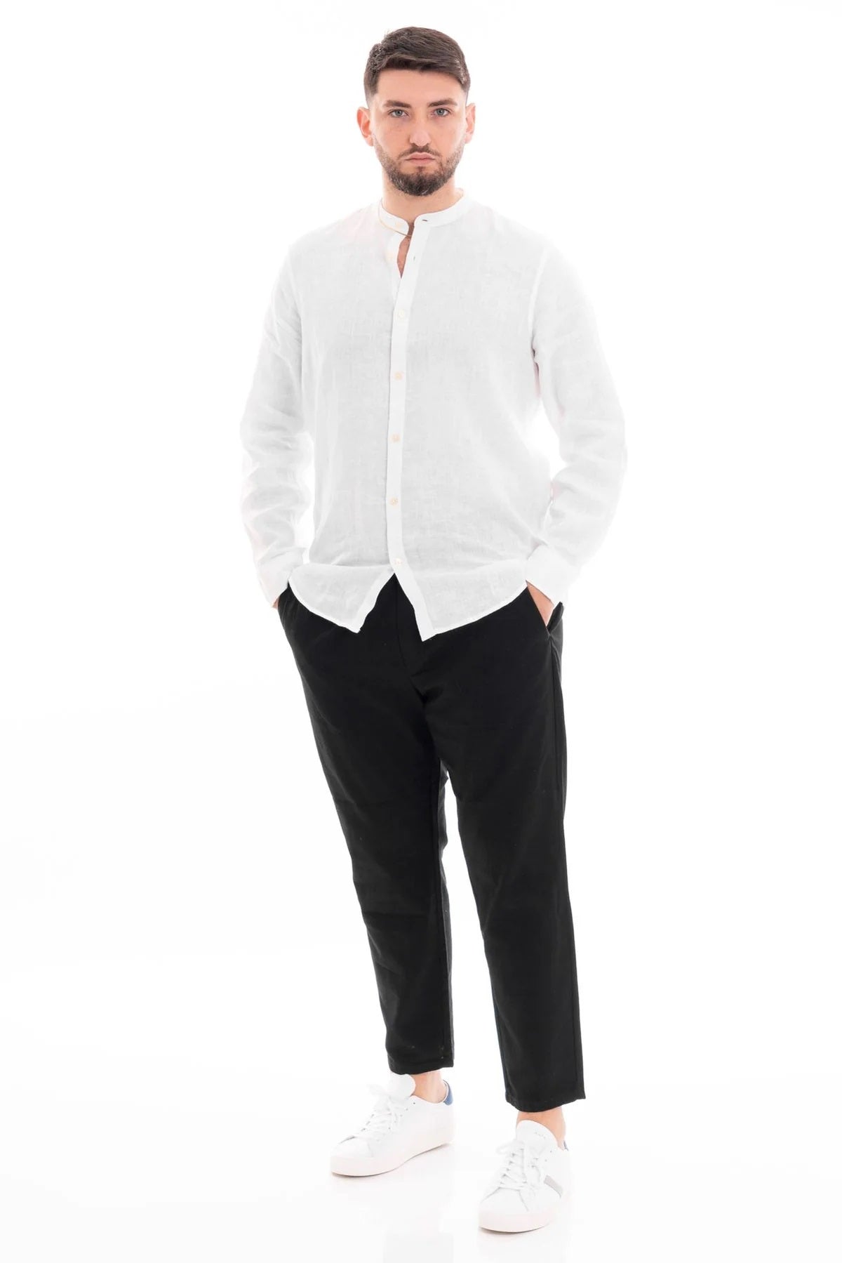 Camicia Bianca con Collo Coreana in 100% Lino a Maniche Lunghe