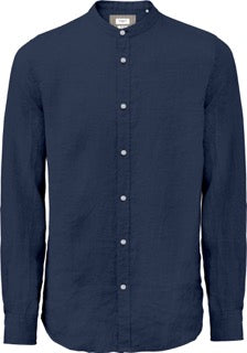 Camicia blu con Collo Coreana in 100% Lino a Maniche Lunghe