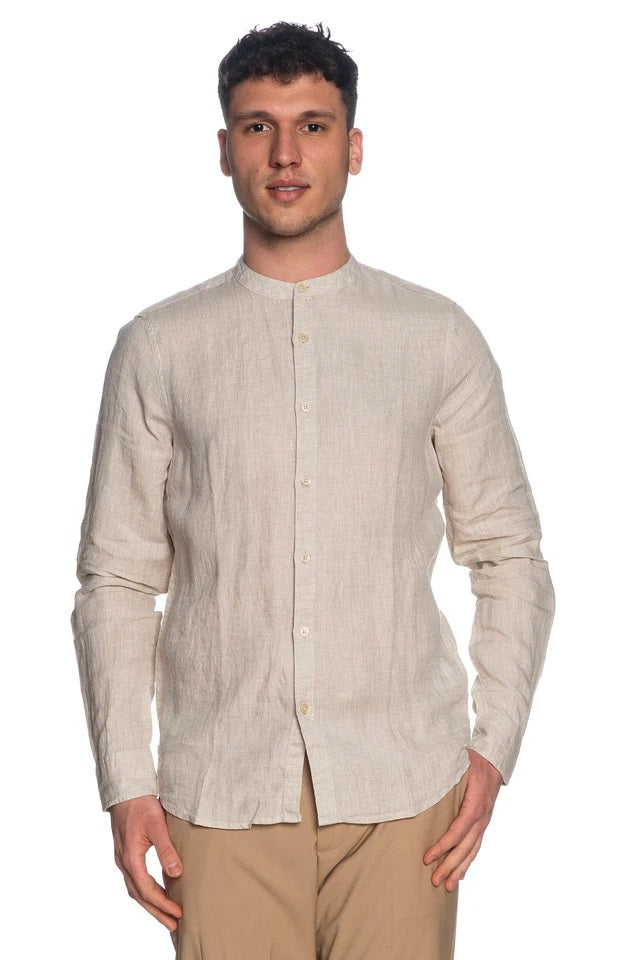 Camicia beige corda con Collo Coreana in 100% Lino