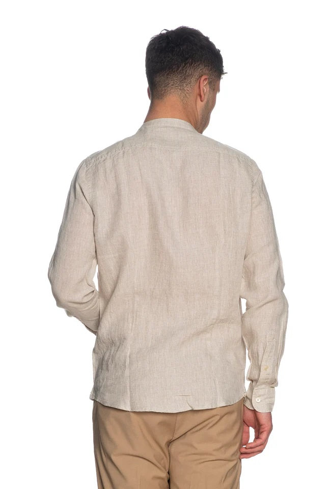 Camicia beige corda con Collo Coreana in 100% Lino