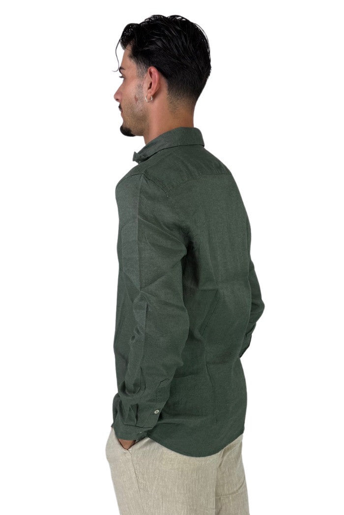 Camicia verde militare da uomo in puro lino con collo italiano
