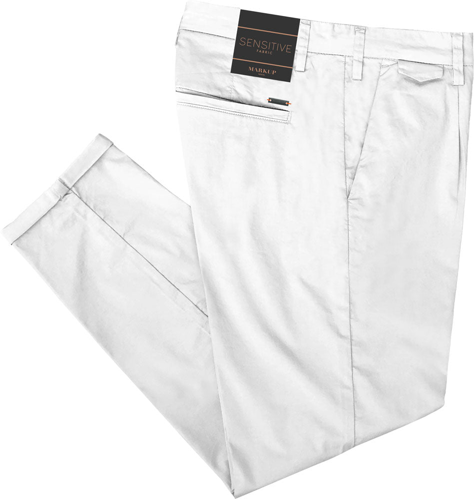 Pantaloni Bianchi in Misto Cotone con Pences e Risvolti Slim Fit