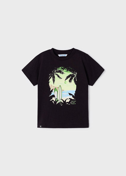 T-shirt Bambino Nera con Stampa Surf al Tramonto