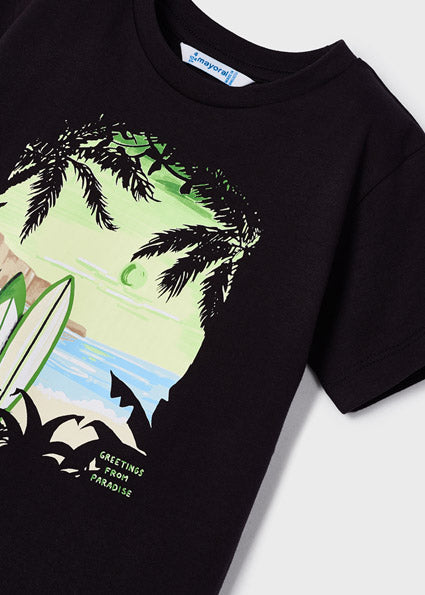 T-shirt Bambino Nera con Stampa Surf al Tramonto
