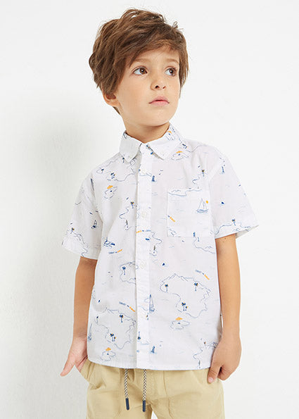 Camicia Bambino Bianca con Stampa Estiva e Maniche Corte