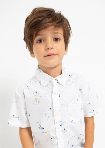 Camicia Bambino Bianca con Stampa Estiva e Maniche Corte