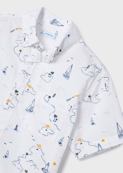 Camicia Bambino Bianca con Stampa Estiva e Maniche Corte