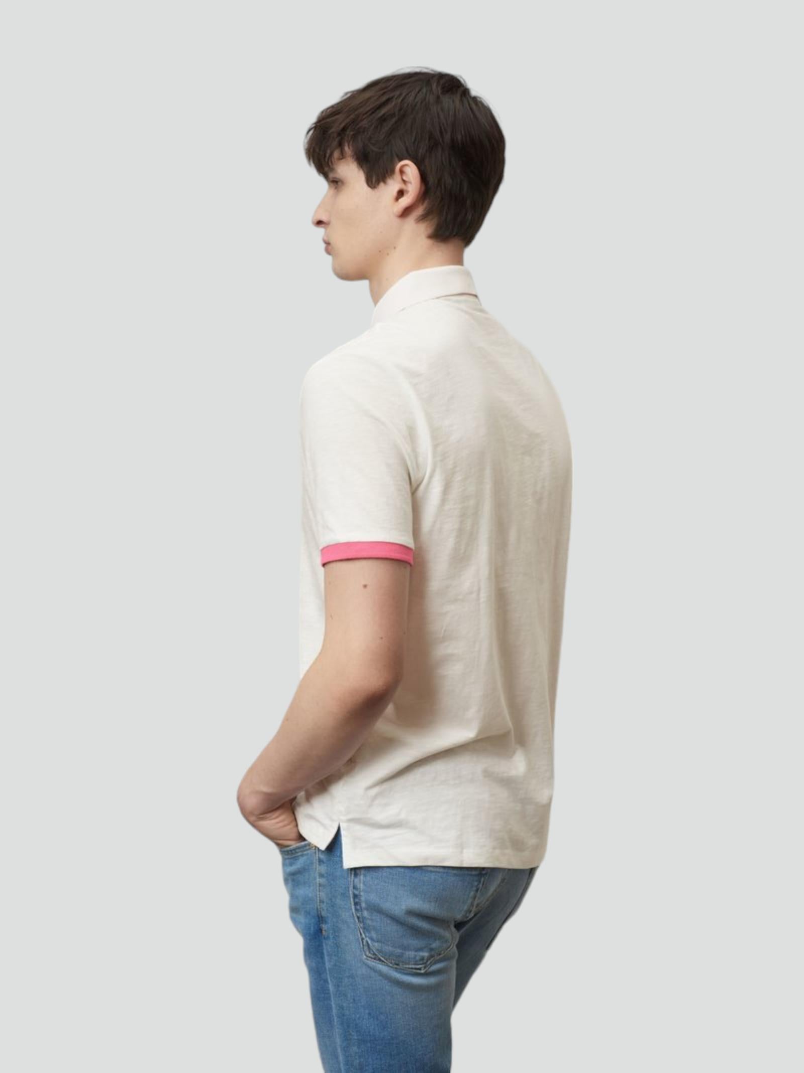 Polo Uomo Bianco in Cotone Fiammato con Dettagli Rosa a Contrasto