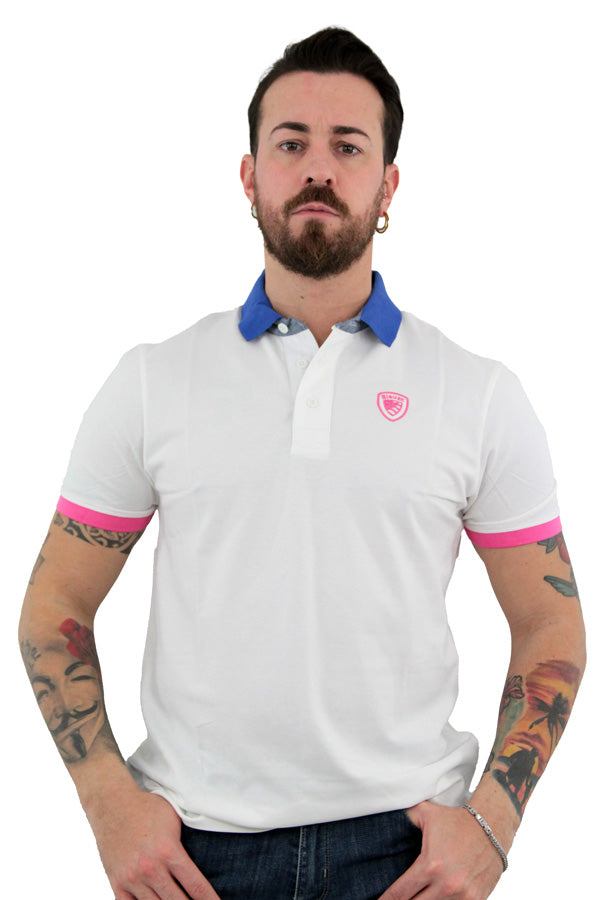 Polo Uomo Bianca con Colletto Blu e Dettagli Rosa a Contrasto