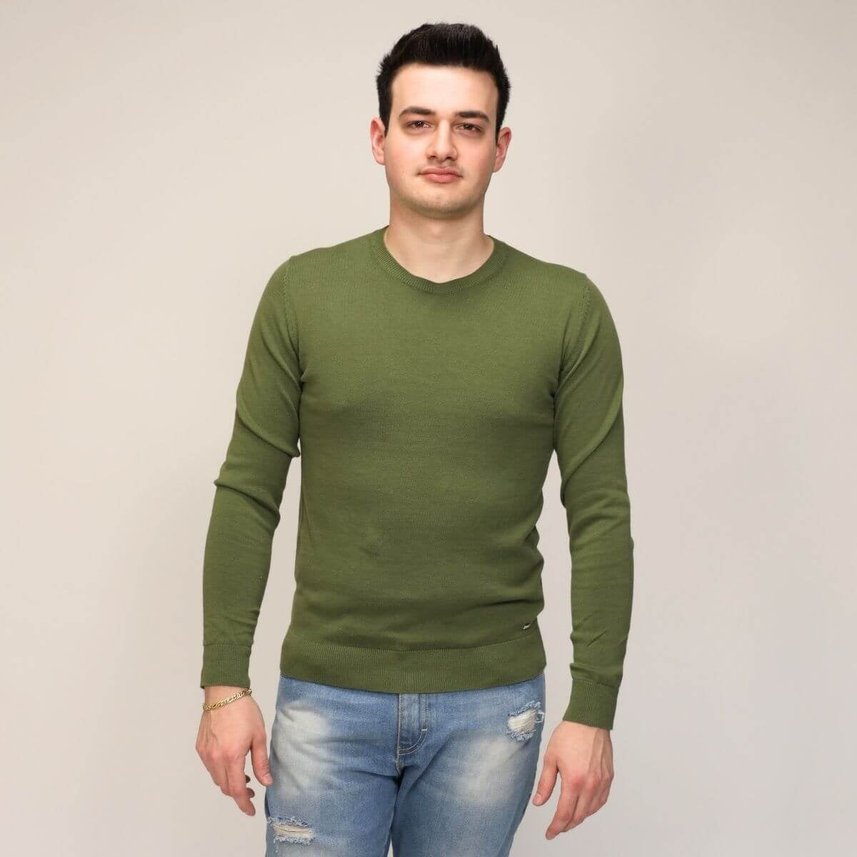 Maglia Girocollo verde militare in Cotone Filo 12 a Maniche Lunghe