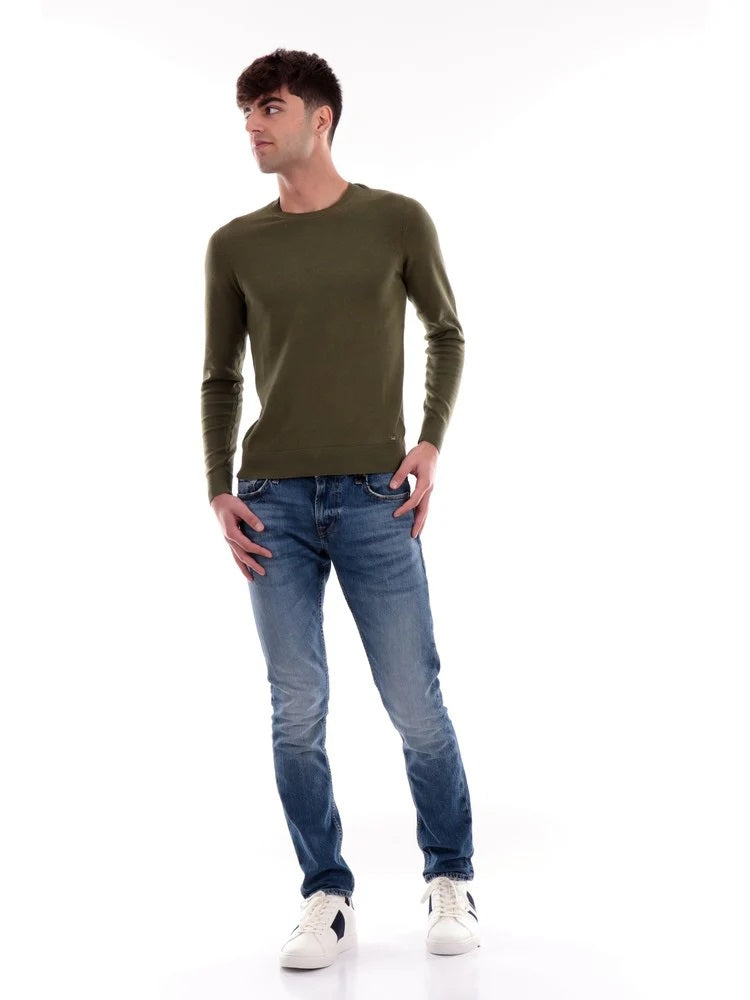 Maglia Girocollo verde militare in Cotone Filo 12 a Maniche Lunghe