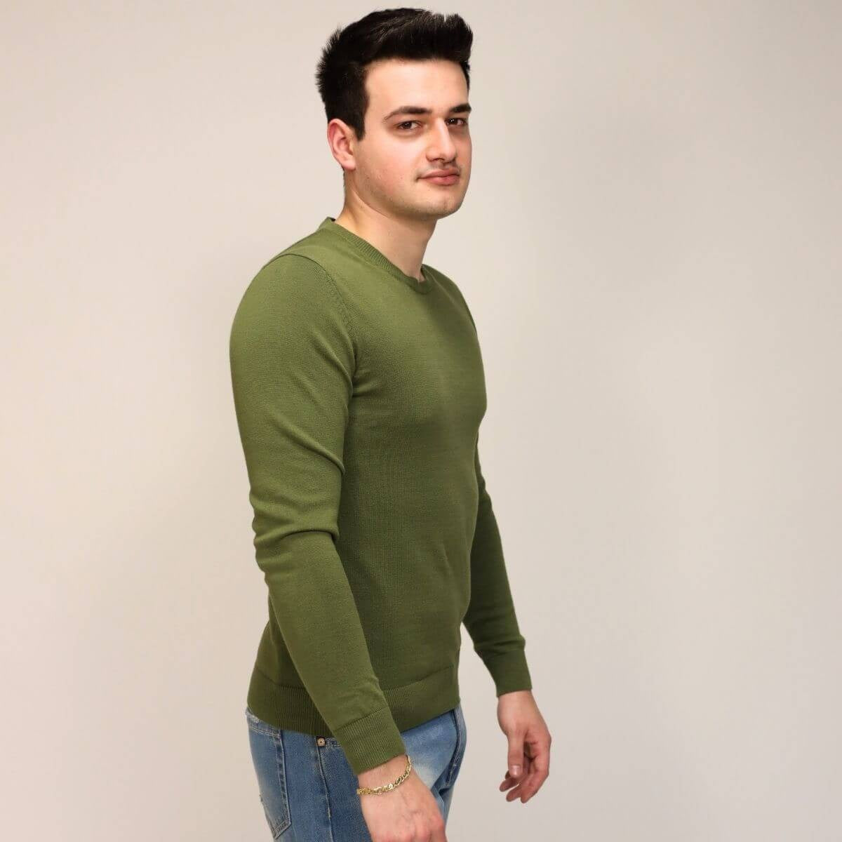 Maglia Girocollo verde militare in Cotone Filo 12 a Maniche Lunghe