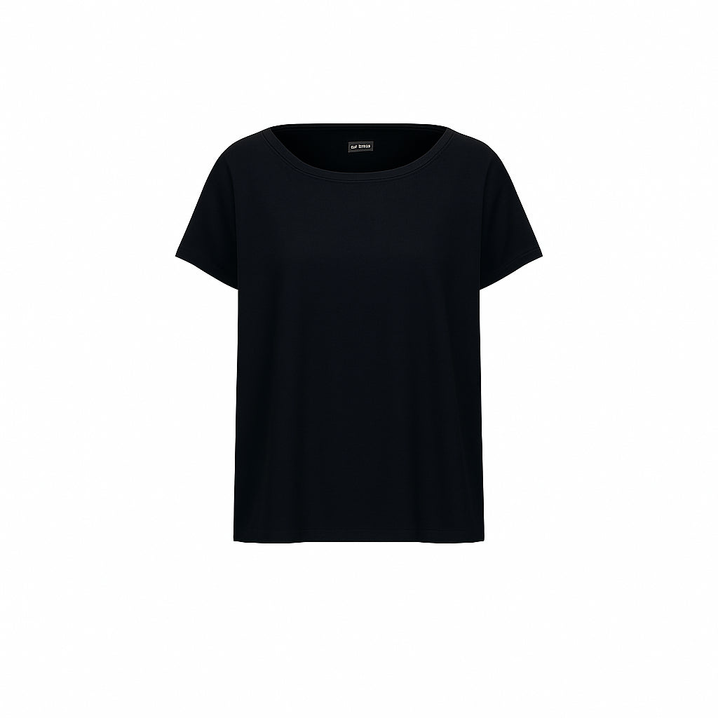 T-shirt "Inn" blu in Crêpe de Chine Misto Seta a Maniche Corte