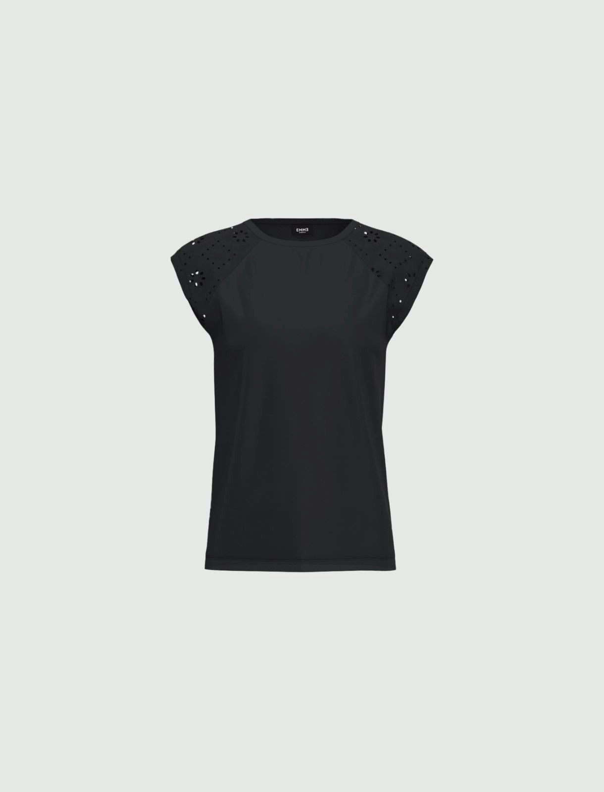 T-shirt nera "Ivana" in Cotone con Maniche Raglan in Sangallo