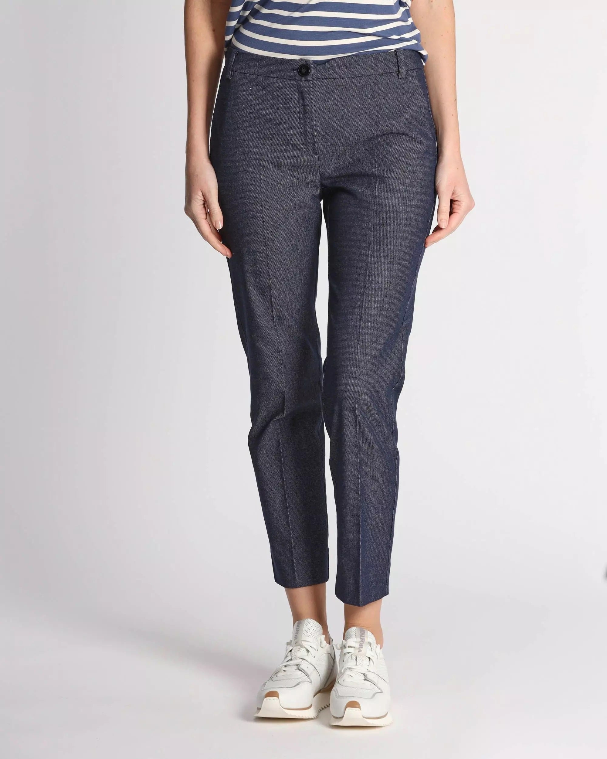 Pantalone Dritto "Siesta" in Bull di Cotone e Viscosa Stretch Blu