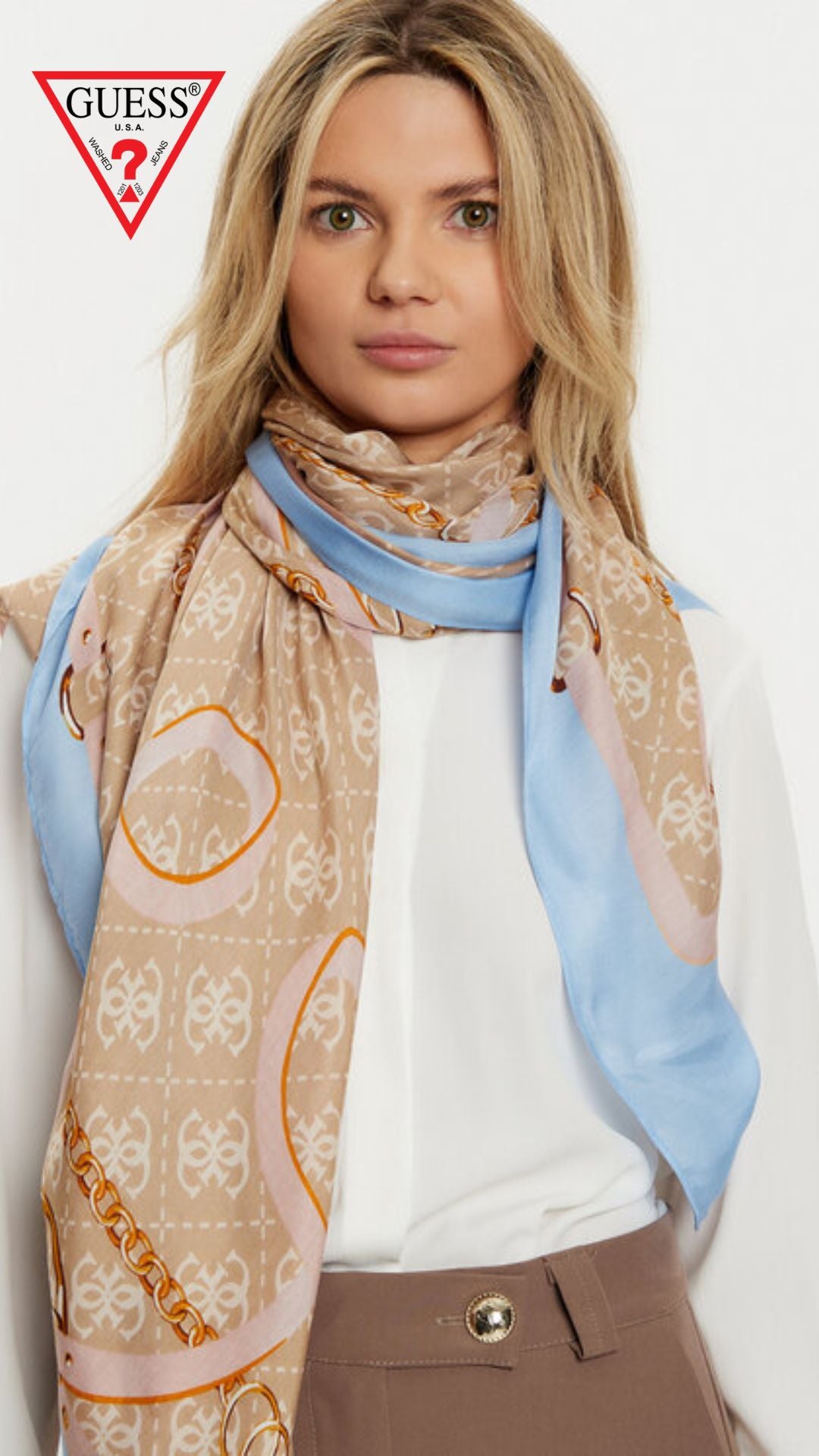 Sciarpa Guess Beige e azzurro con Logo 4G e Catene
