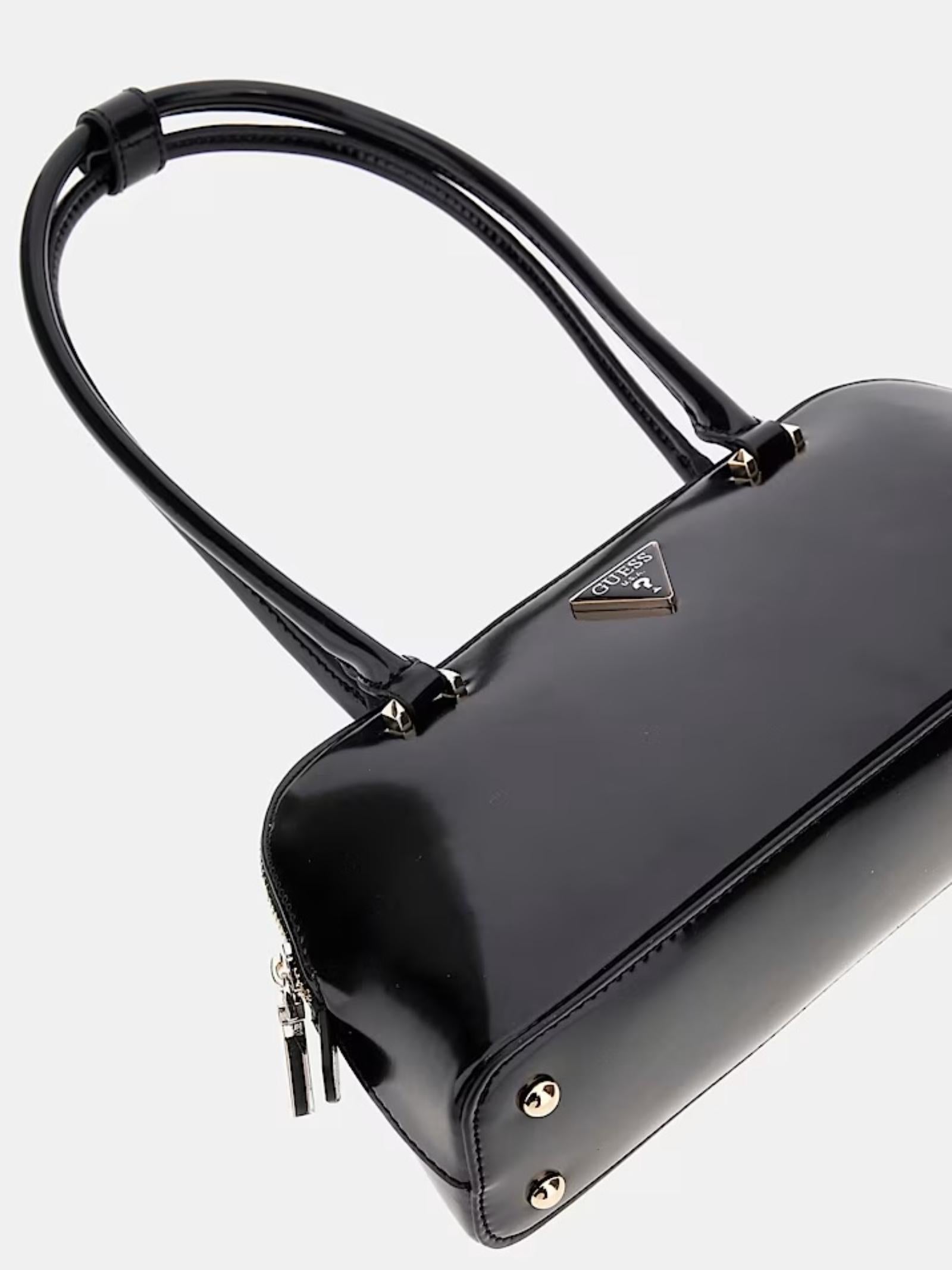 Borsa a spalla Guess "Arnela" in vernice nera con logo in metallo