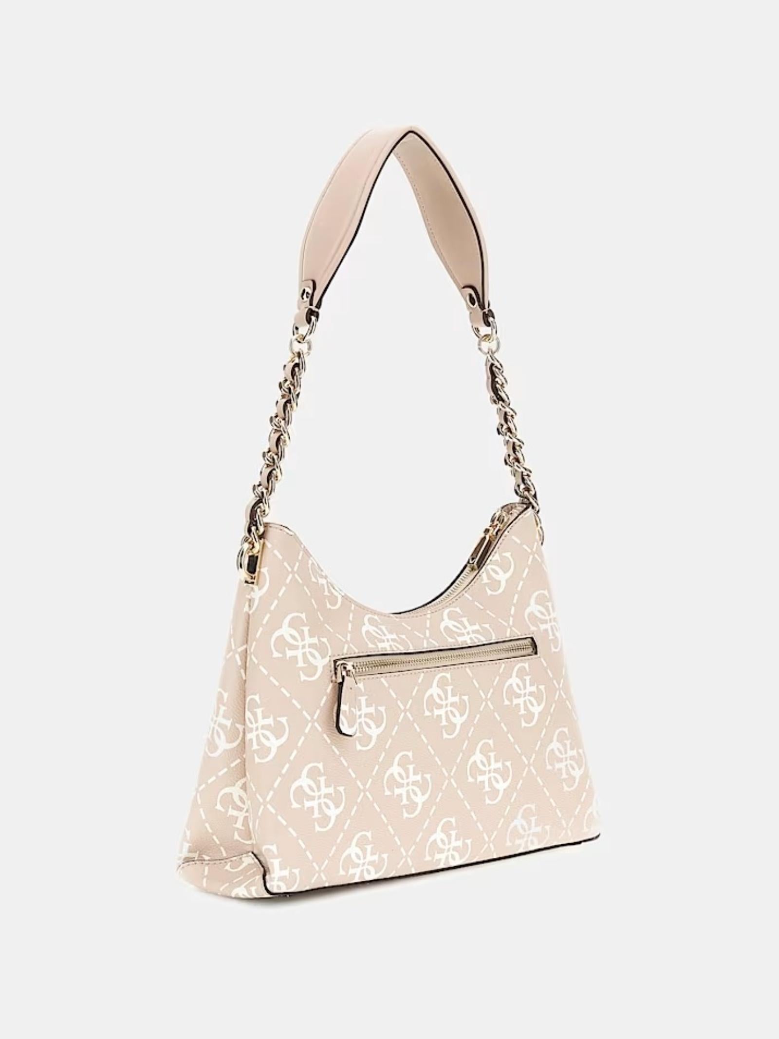 Borsa a spalla Guess "Izzy" beige con stampa 4G logo all over