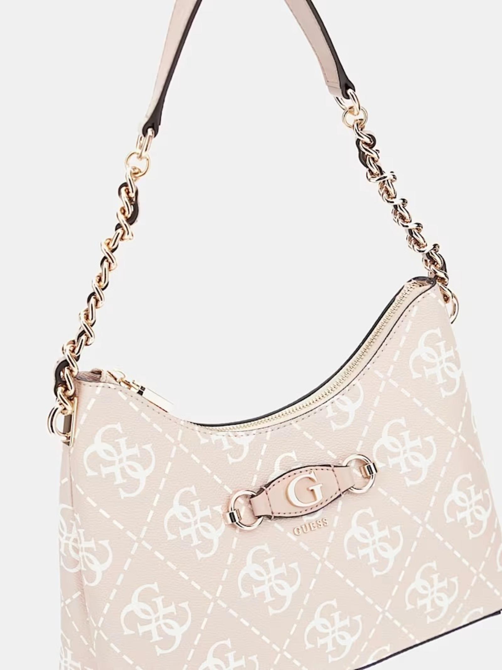 Borsa a spalla Guess "Izzy" beige con stampa 4G logo all over