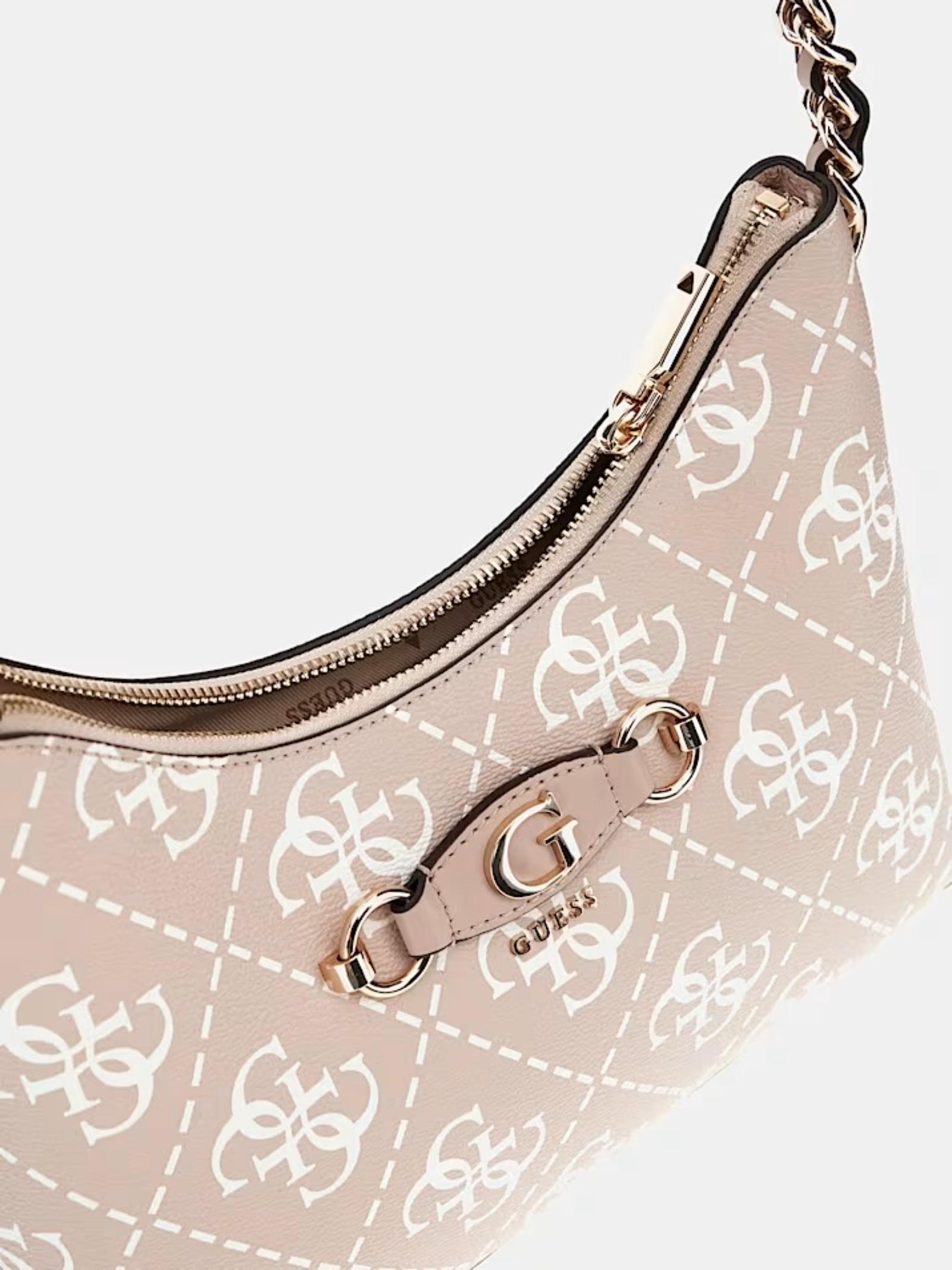Borsa a spalla Guess "Izzy" beige con stampa 4G logo all over