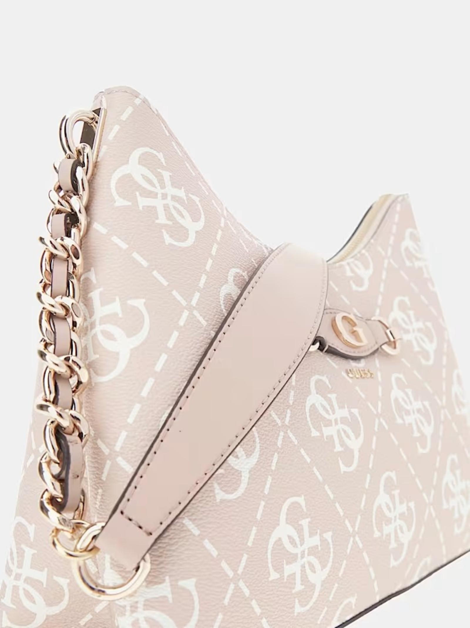 Borsa a spalla Guess "Izzy" beige con stampa 4G logo all over