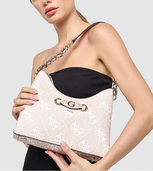 Borsa a spalla Guess "Izzy" beige con stampa 4G logo all over
