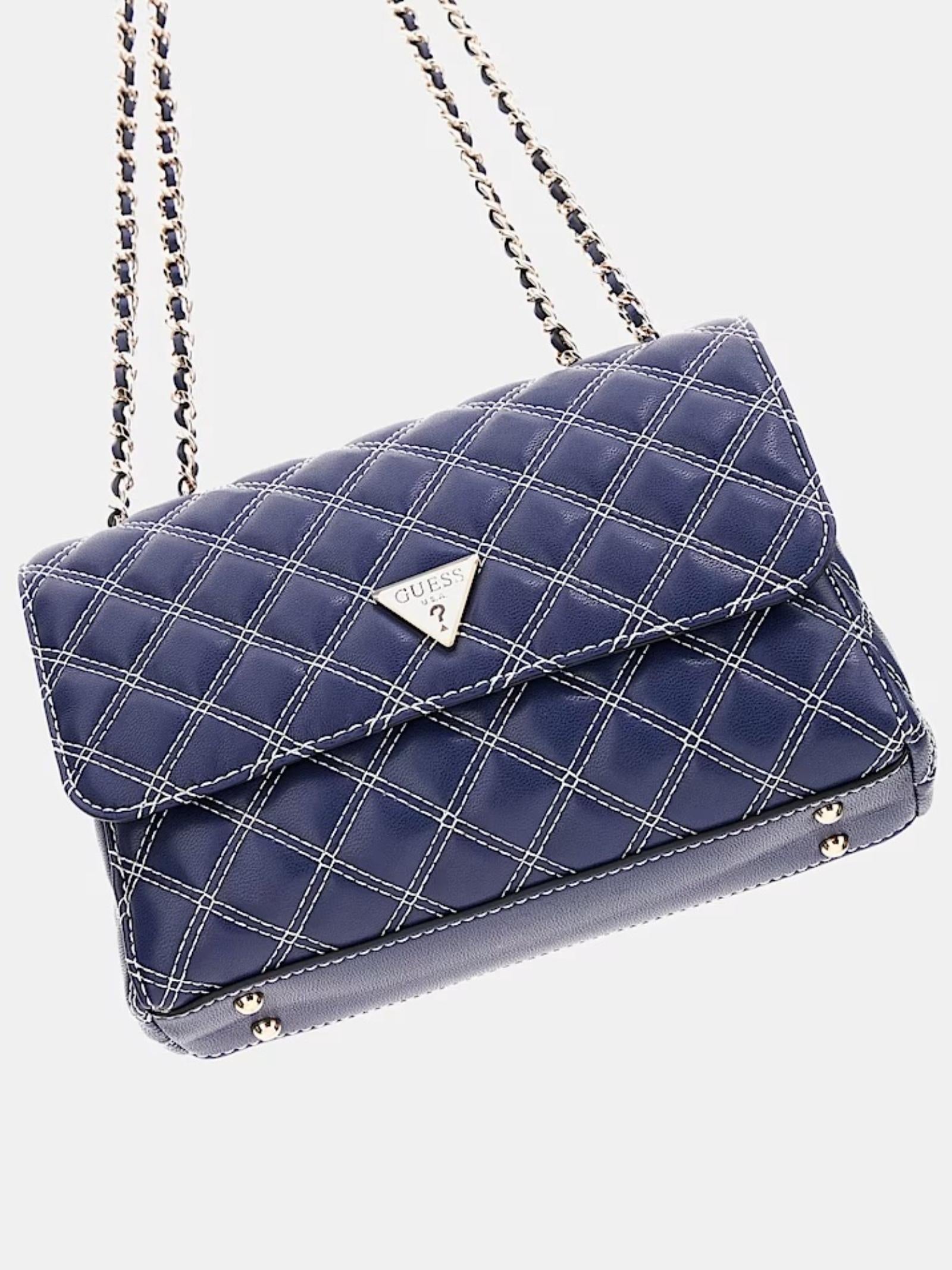 Mini Tracolla Guess "Cruise Vibe" blu trapuntata in simil pelle con patta