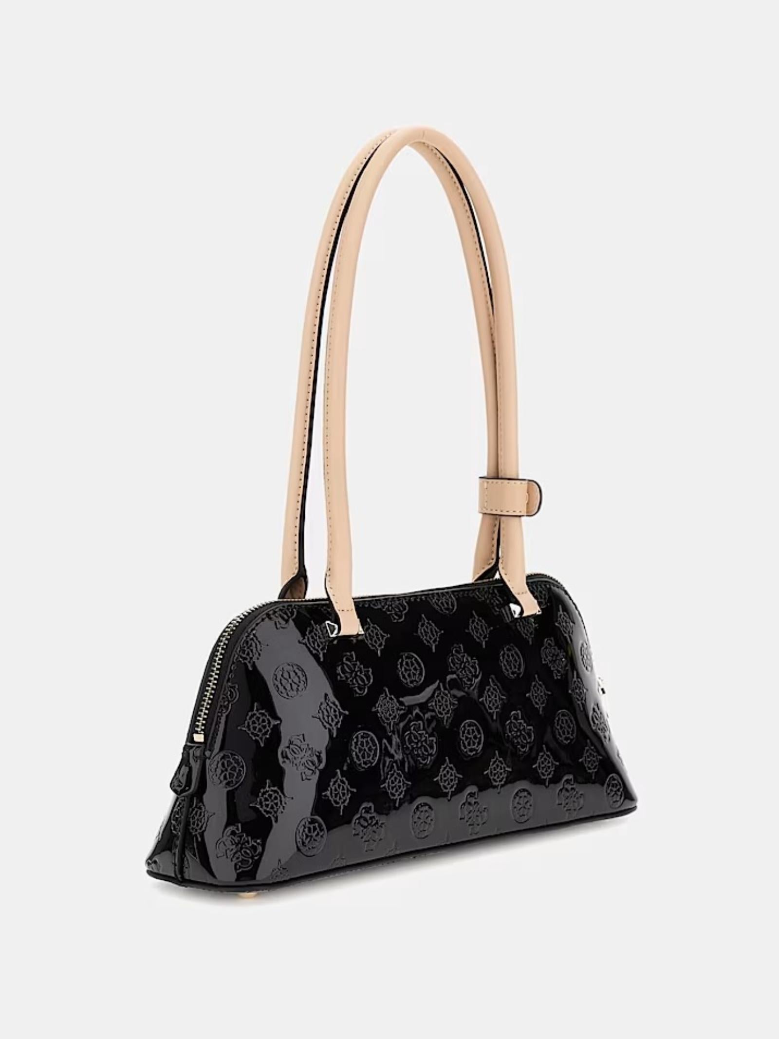 Borsa a spalla Guess "Arnela 4G Logo Peony" nera con manici beige
