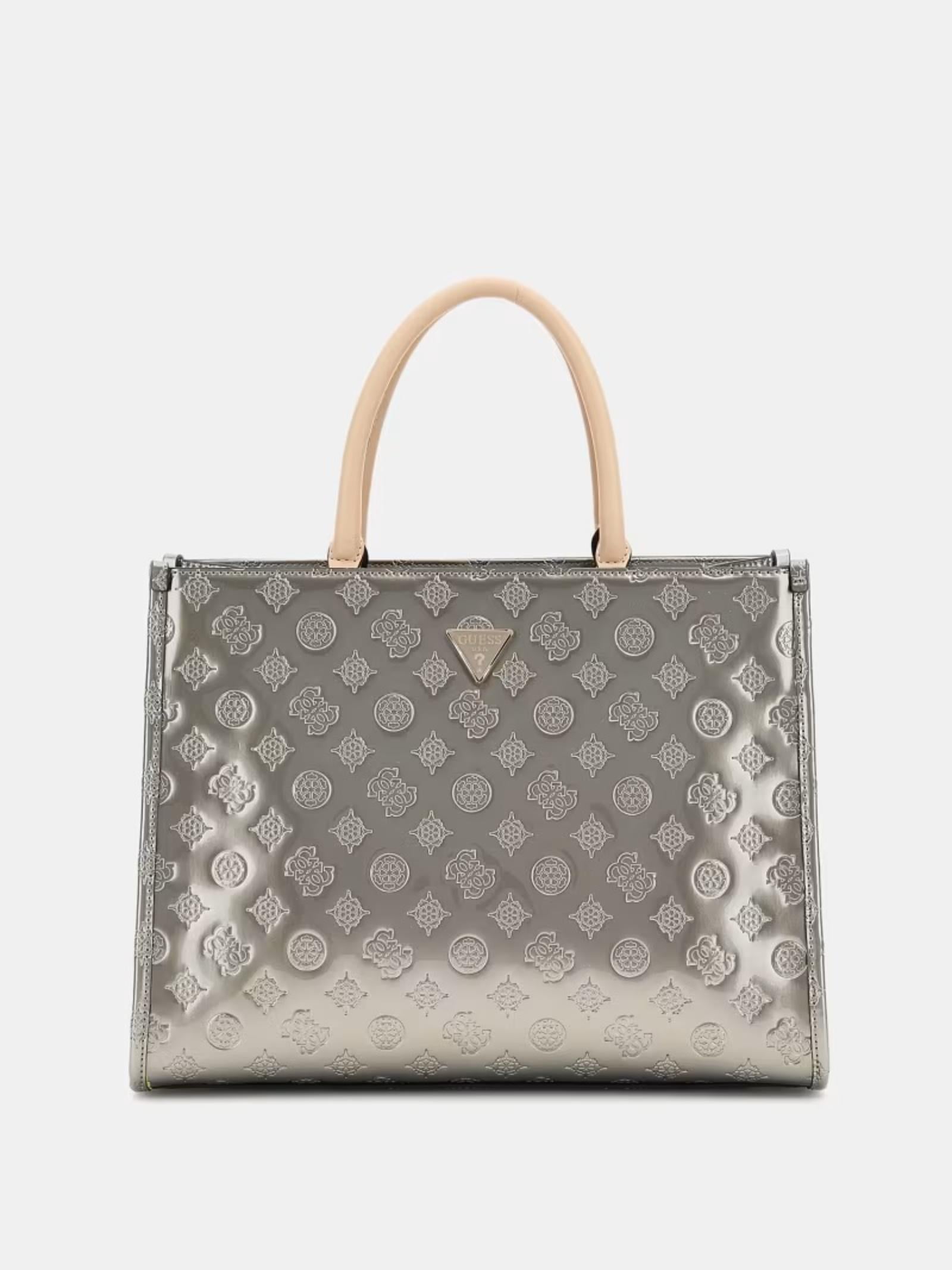 Borsa a mano Guess "Arnela 4G Logo Peony" argento con manici beige