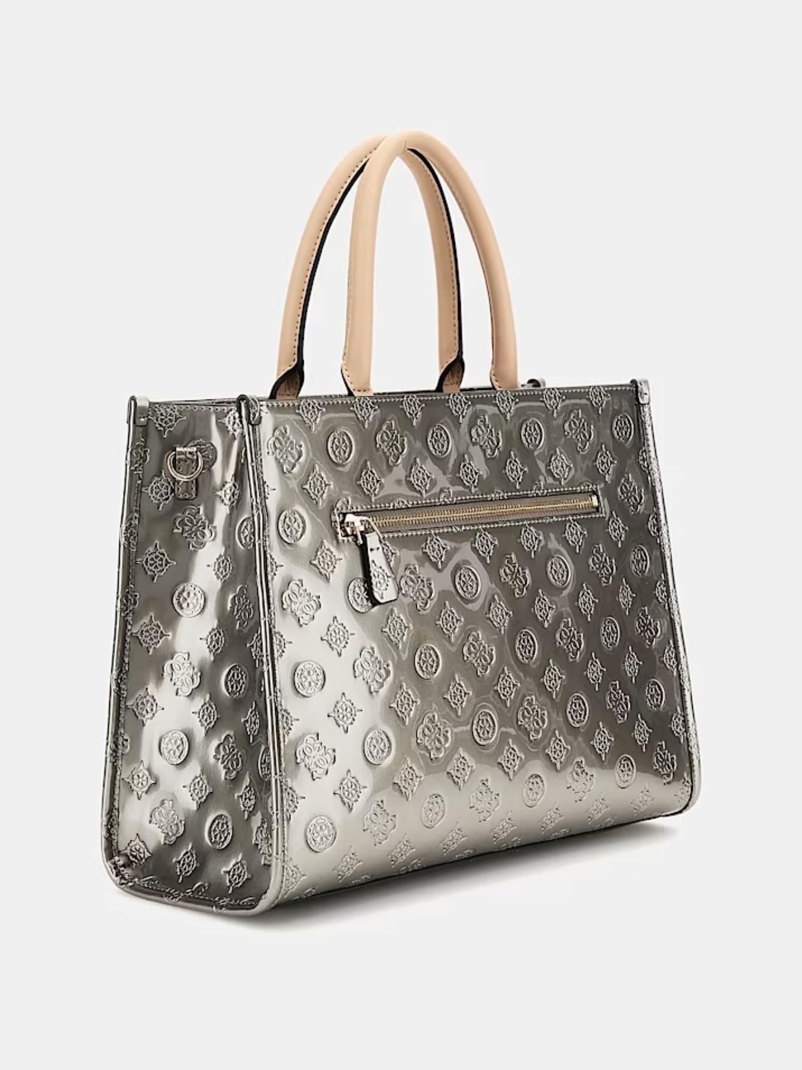 Borsa a mano Guess "Arnela 4G Logo Peony" argento con manici beige