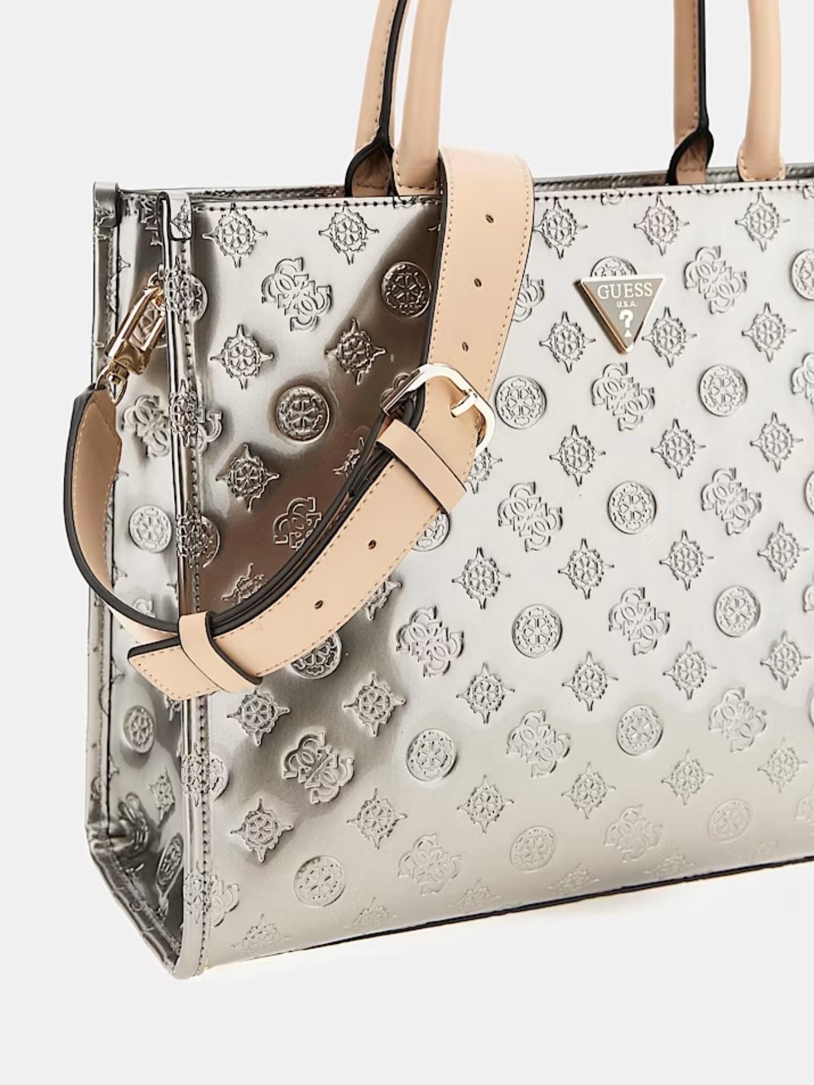 Borsa a mano Guess "Arnela 4G Logo Peony" argento con manici beige