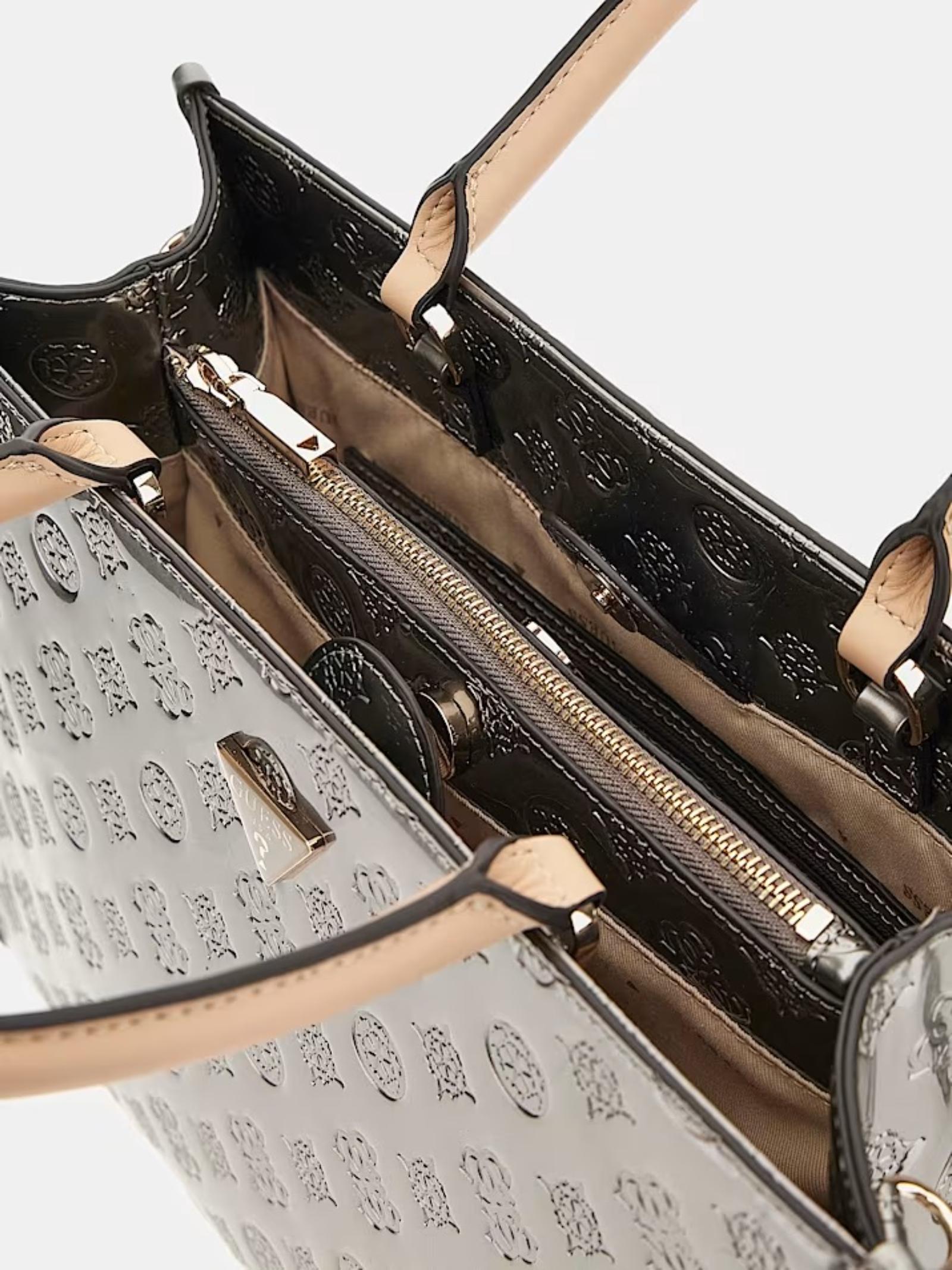Borsa a mano Guess "Arnela 4G Logo Peony" argento con manici beige