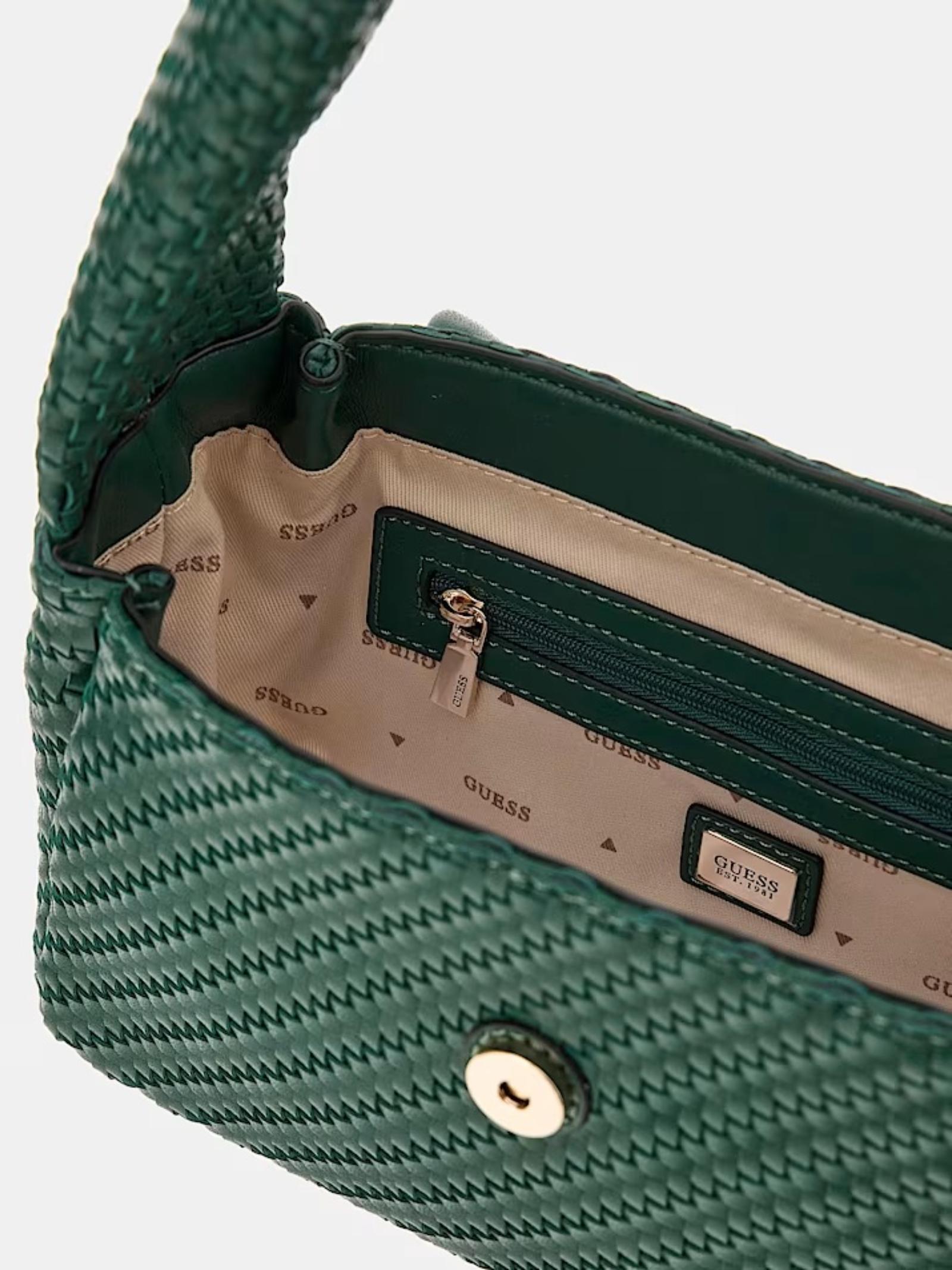 Borsa a spalla Guess "Francy" verde foresta in similpelle intrecciata