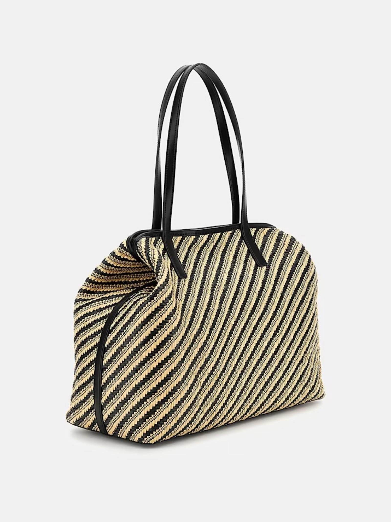 Shopper "Vikky II" maxi in rafia beige e nero con pochette interna