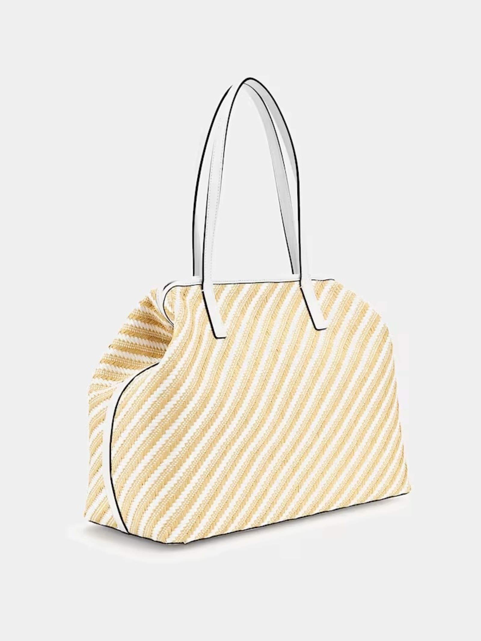 Shopper Guess "Vikky II" maxi in rafia beige e bianco con pochette