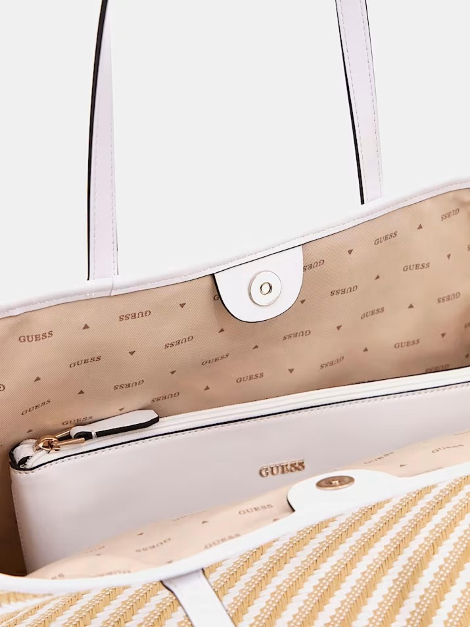 Shopper Guess "Vikky II" maxi in rafia beige e bianco con pochette