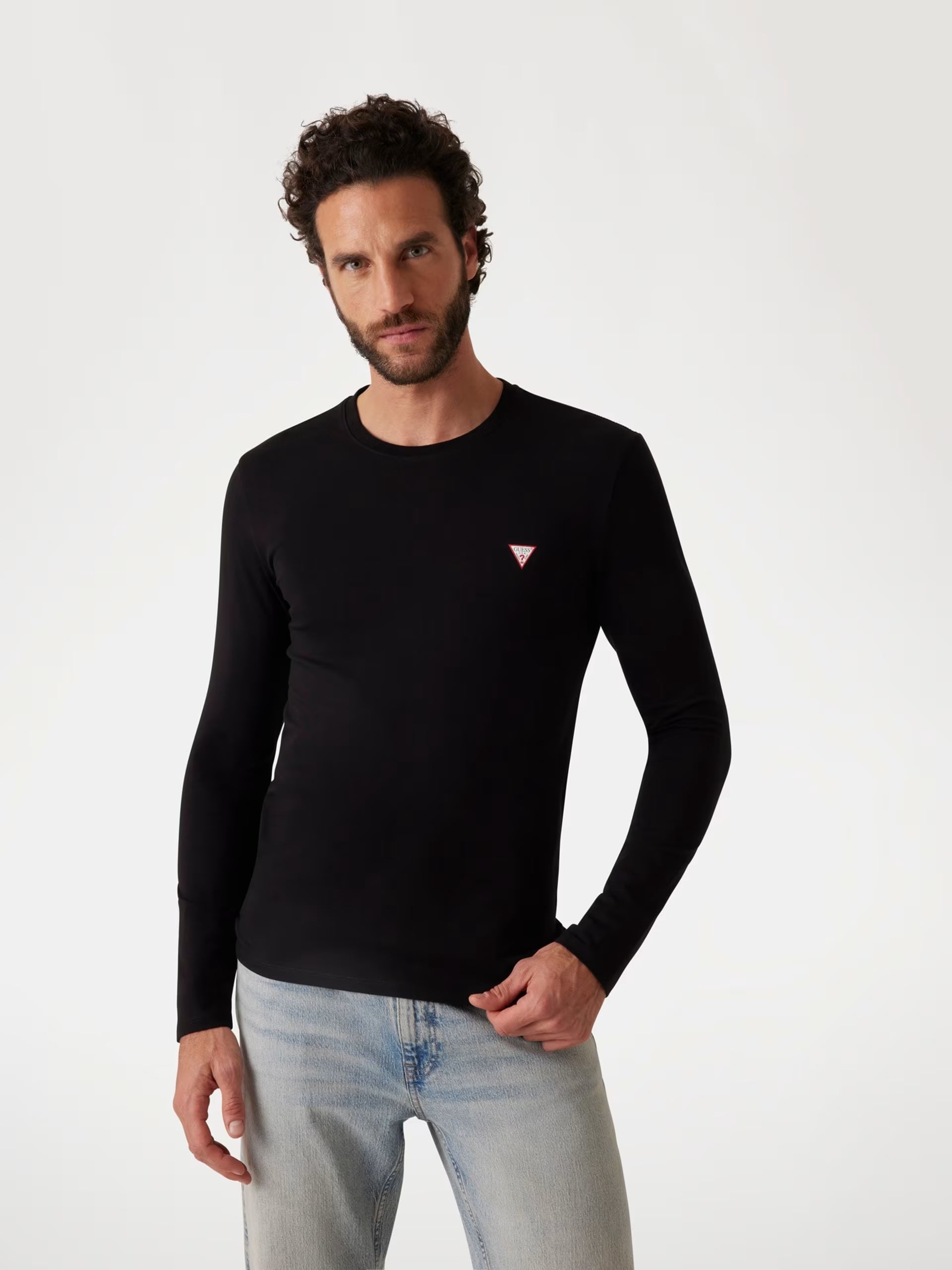 T-shirt nera a Manica Lunga in Jersey di Cotone con Logo Triangolo