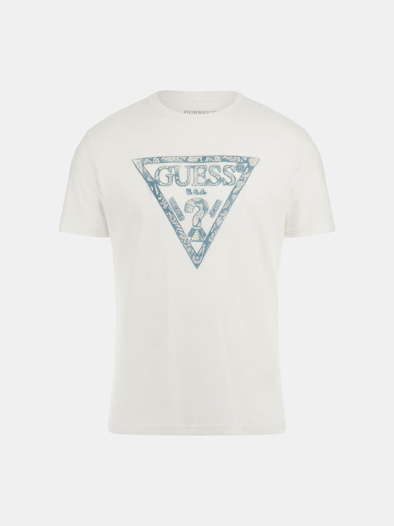 T-shirt "Icon Triangle" Bianca con Logo Azzurro in Stile Paisley
