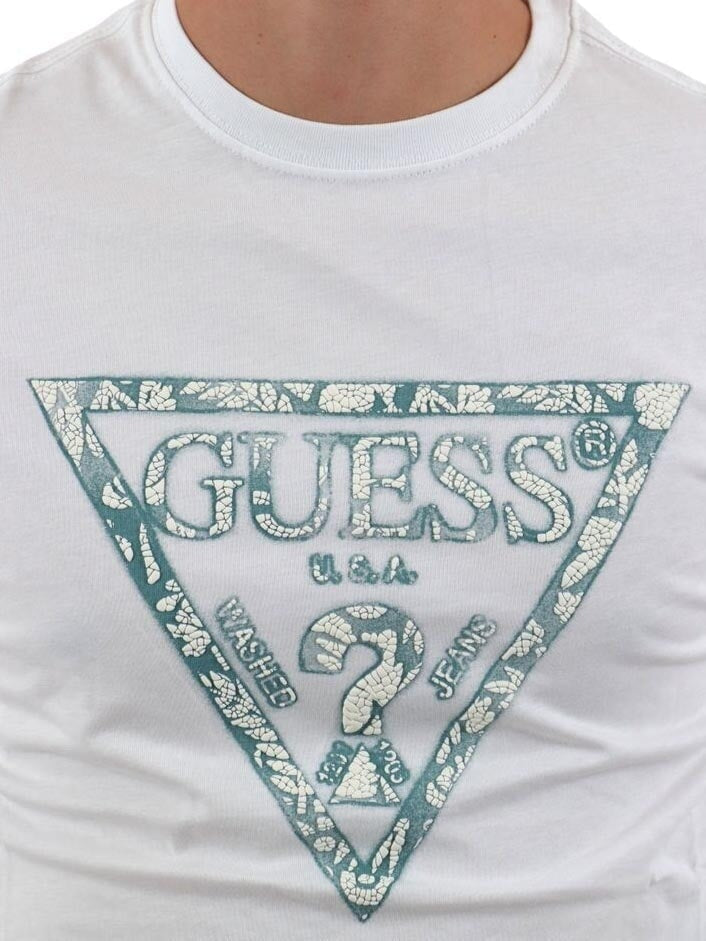T-shirt "Icon Triangle" Bianca con Logo Azzurro in Stile Paisley