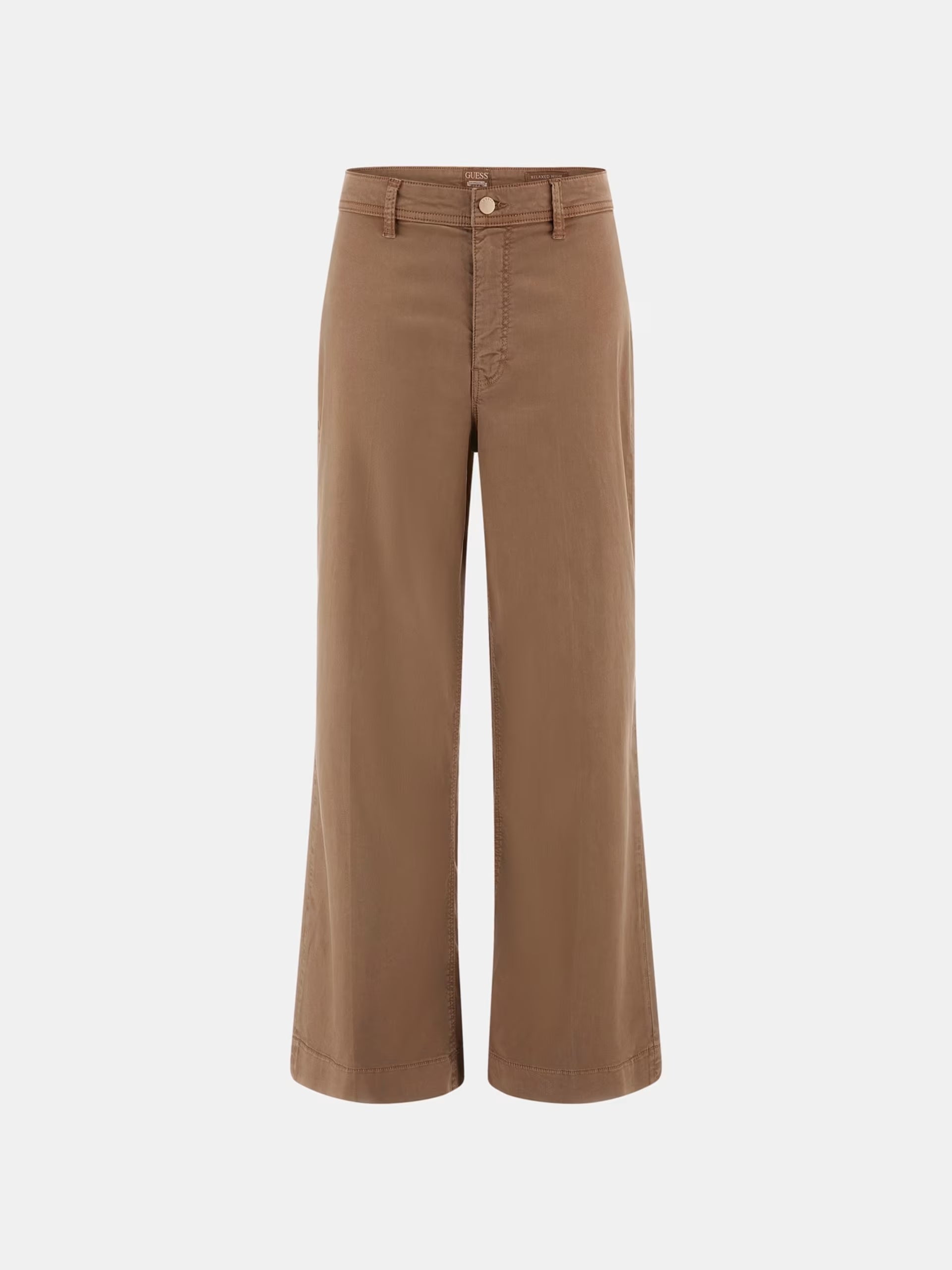 Pantalone Marrone a Gamba Larga con Vita Alta e Tasche Posteriori