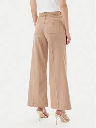 Pantalone Marrone a Gamba Larga con Vita Alta e Tasche Posteriori