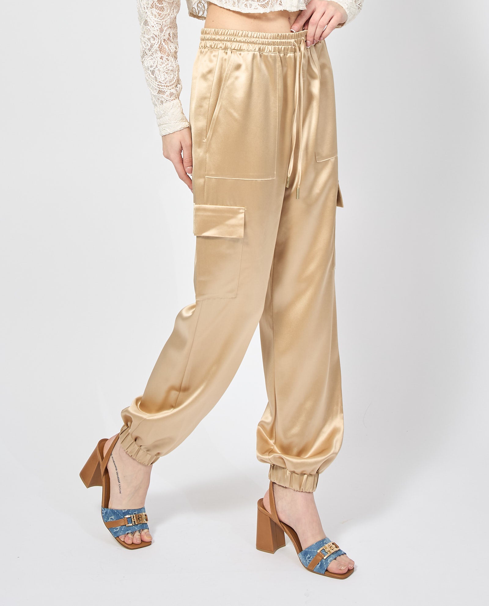 ogger Cargo Beige da Donna con Tasche Utility e Coulisse