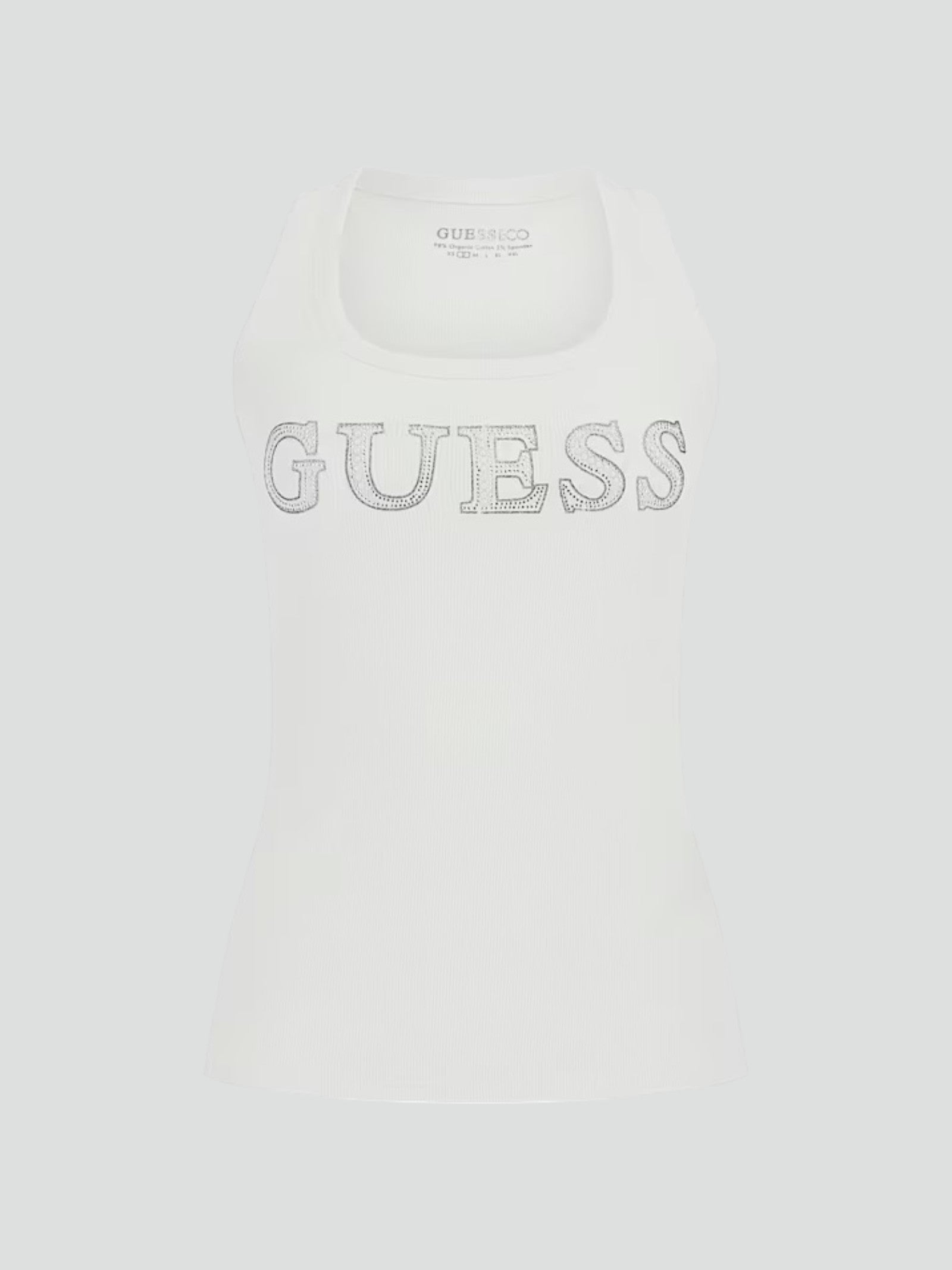 Canotta Bianca a Costine con Logo Guess in Strass